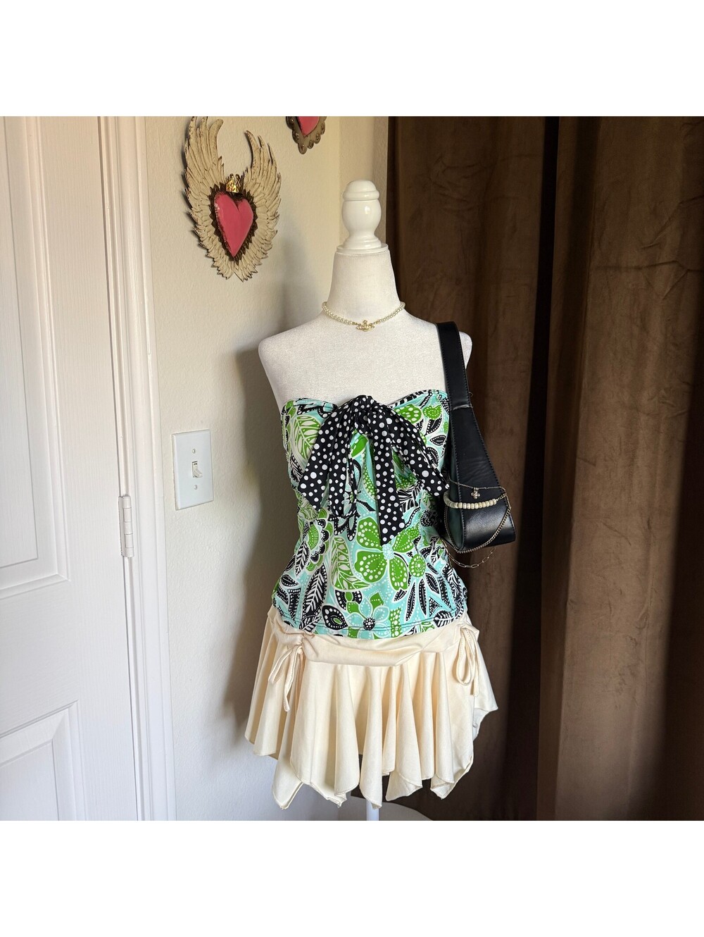 Island Escape Green Floral Polka Dot Whimsical Swimwear Bow Detail Blouse
